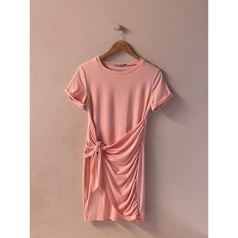 Lillusory Coral Short Sleeve Ruched Tie-Front T-Shirt Dress Size S